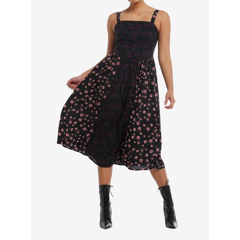 Hot Topic NWT Thorn & Fable Color Block Dark Floral Midi Dress Sz M Whimseygoth